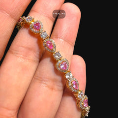 Pink Heart Teardrop Bracelet, 14K Gold Plated CZ Tennis Bracelet, 7mm Iced Out Gift for Her