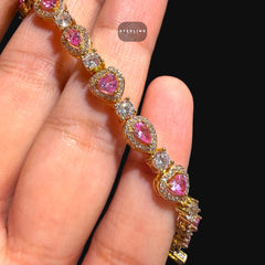 Pink Heart Teardrop Bracelet, 14K Gold Plated CZ Tennis Bracelet, 7mm Iced Out Gift for Her