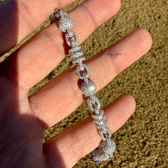 Men’s 925 Sterling Silver Iced Out Snowball CZ Bracelet 8mm 8 Inch, Moon Cut Baguette Link Hip Hop Jewelry Gift