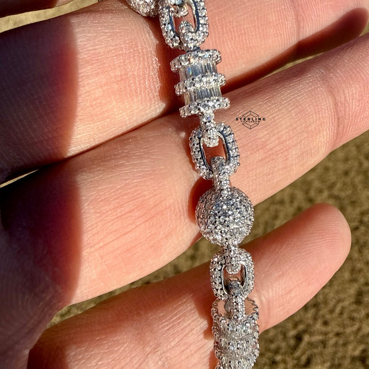 Men’s 925 Sterling Silver Iced Out Snowball CZ Bracelet 8mm 8 Inch, Moon Cut Baguette Link Hip Hop Jewelry Gift