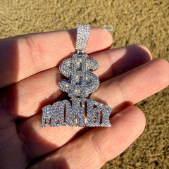 Money Iced Statement Pendant Silver Tone