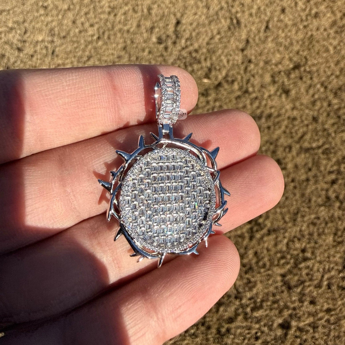 Iced Crown of Thorns Pendant 14K White Gold Finish
