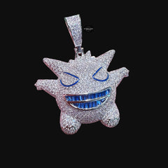 Iced Out Spiky Monster Pendant | 14K White Gold Plated Cartoon Monster Necklace, CZ Hip Hop Pendant with Free Rope Chain