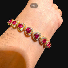 Ruby Heart Bracelet, 14K Gold Plated CZ Tennis Bracelet, 7mm Iced Out Gift for Her
