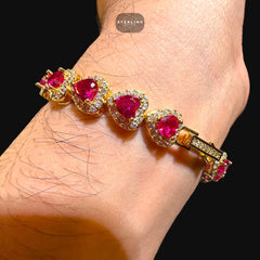 Ruby Heart Bracelet, 14K Gold Plated CZ Tennis Bracelet, 7mm Iced Out Gift for Her