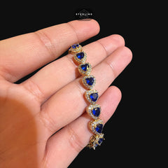 Blue Sapphire Heart Bracelet, 14K Gold Plated CZ Tennis Bracelet, 7mm Iced Out Gift for Her