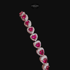 Ruby Heart Bracelet, 14K White Gold Plated CZ Tennis Bracelet, 7mm Iced Out Gift for Her