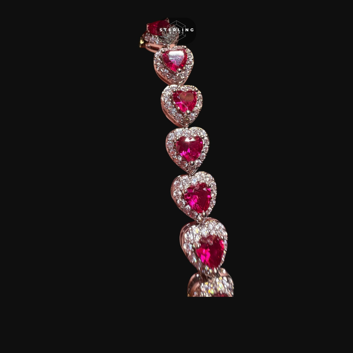 Ruby Heart Bracelet, 14K White Gold Plated CZ Tennis Bracelet, 7mm Iced Out Gift for Her