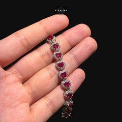 Ruby Heart Bracelet, 14K White Gold Plated CZ Tennis Bracelet, 7mm Iced Out Gift for Her