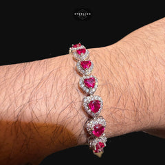 Ruby Heart Bracelet, 14K White Gold Plated CZ Tennis Bracelet, 7mm Iced Out Gift for Her