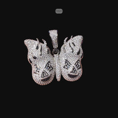 14K White Gold Iced Out Butterfly Skull Pendant | CZ Diamond Hip Hop Gothic Necklace with Free Chain