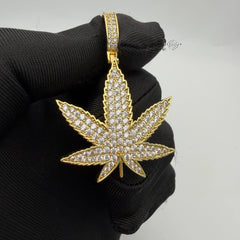 Marijuana 420 Gold Tone Weed Leaf Iced Out Pendant