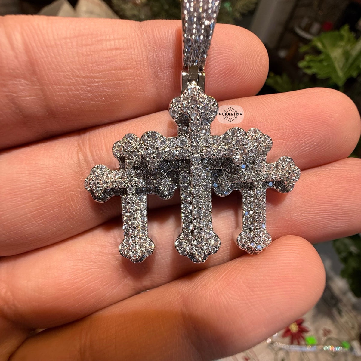 Triple Cross 14K White Gold Plated Iced Pendant