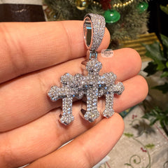 Triple Cross 14K White Gold Plated Iced Pendant