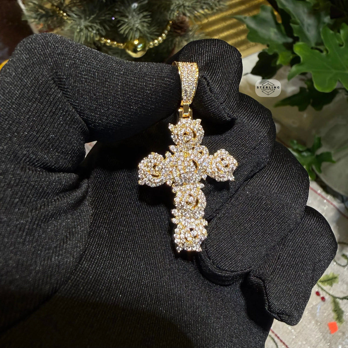 Cluster Cross Iced Pendant 14k Gold Plated