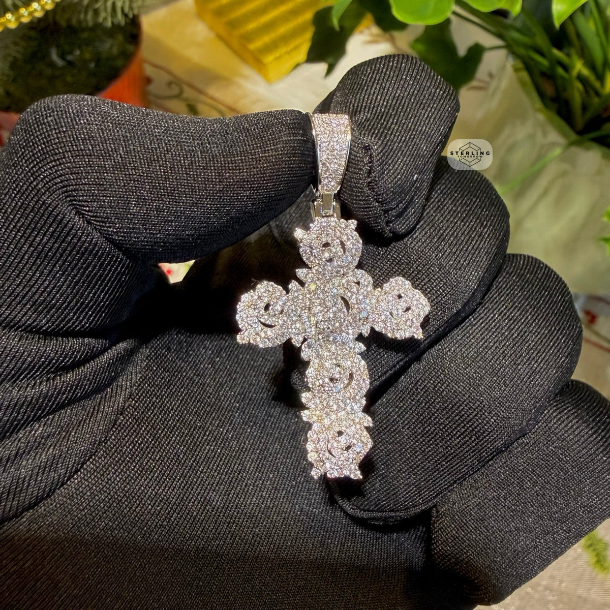 Cluster Cross Iced Pendant 14k White Gold Plated