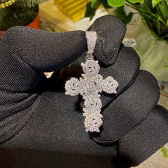 Cluster Cross Iced Pendant 14k White Gold Plated