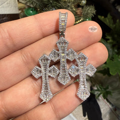 Triple Cross Baguette 14k White Plated Iced CZ Pendant