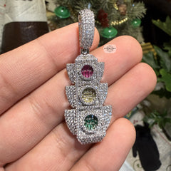 Traffic Light 14K White Gold Plated Iced Pendant