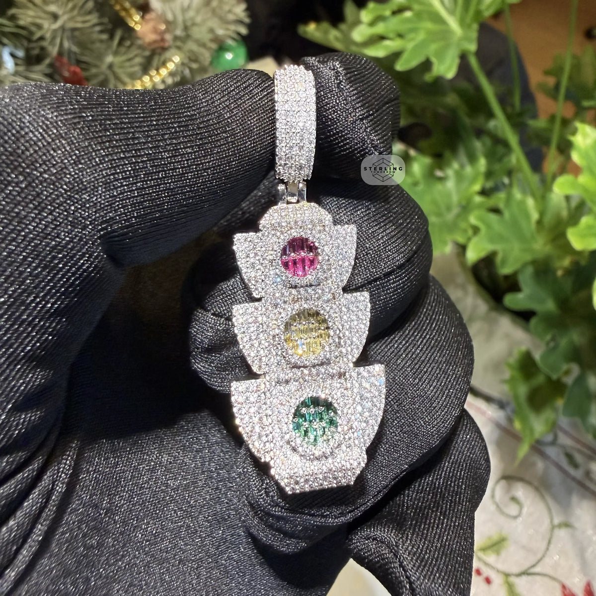 Traffic Light 14K White Gold Plated Iced Pendant