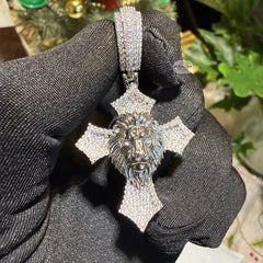 Lion Cross Iced Out Pendant 14k White Gold Plated