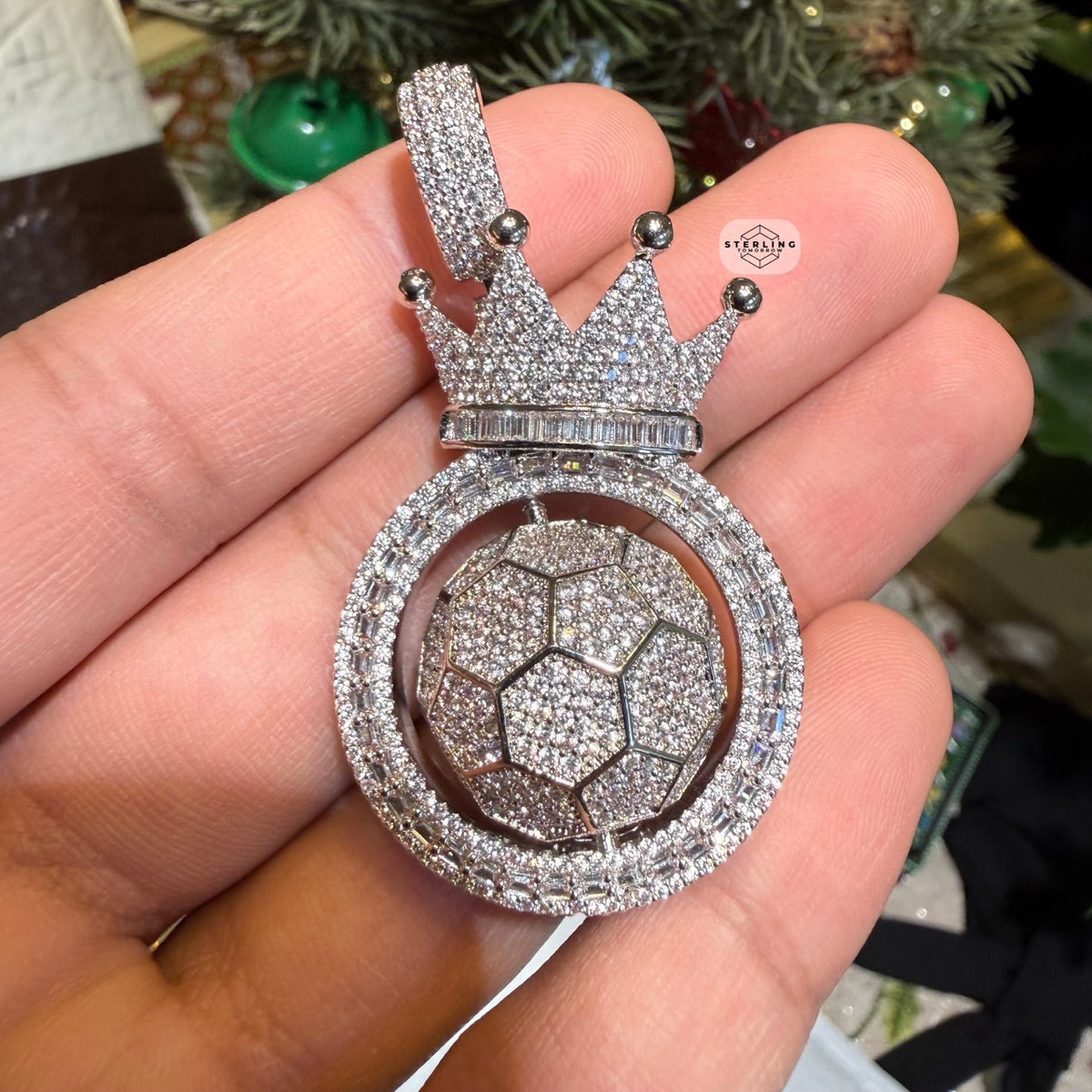Spinning Soccer King Pendant Iced 14k White Gold Plated