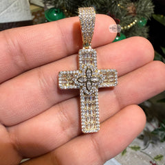 Flower Cross Iced 14K Gold Plated Pendant