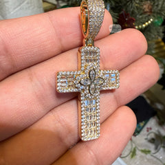 Flower Cross Iced 14K Gold Plated Pendant
