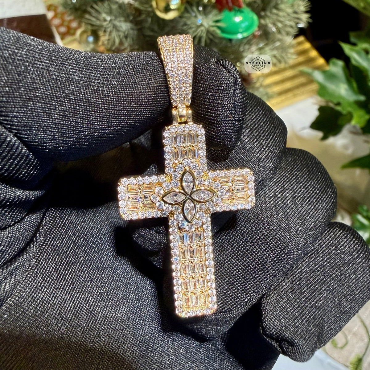 Flower Cross Iced 14K Gold Plated Pendant