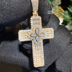 Flower Cross Iced 14K Gold Plated Pendant