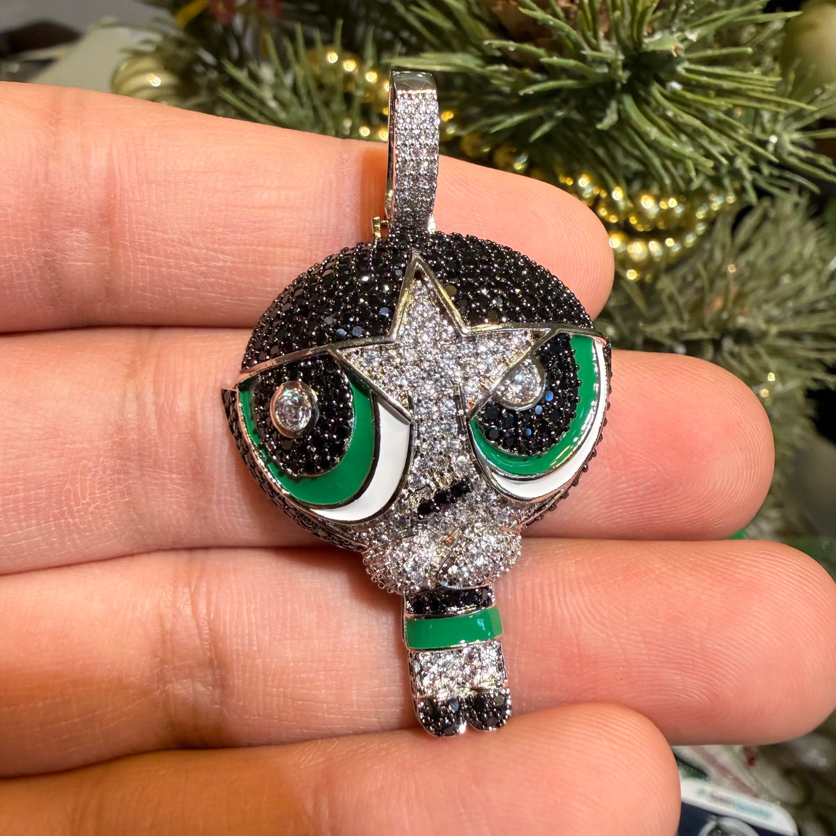 Green Character 14K White Gold Plated Girl Iced Pendant