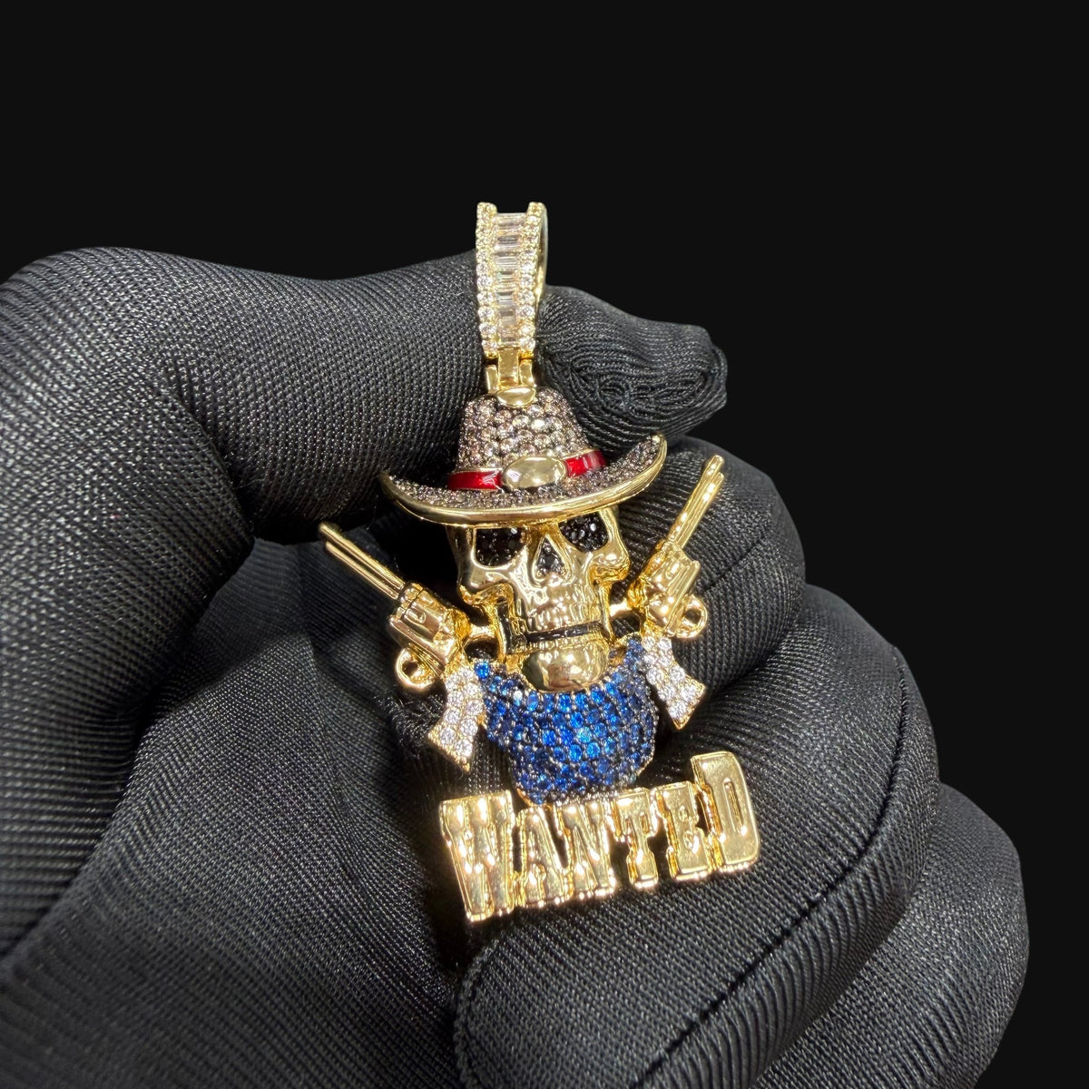 14k Gold Plated Iced Out Skull Cowboy Pendant
