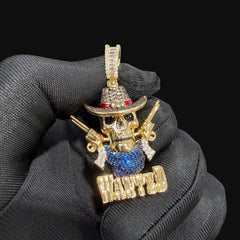 14k Gold Plated Iced Out Skull Cowboy Pendant