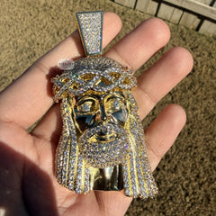 Large Jesus Thorns Iced Out Pendant - 14k Gold Plated