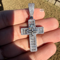 Flower Cross Iced 14K White Gold Plated Pendant