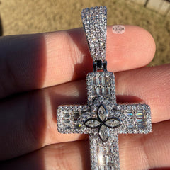 Flower Cross Iced 14K White Gold Plated Pendant