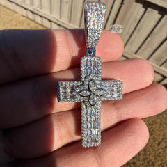 Flower Cross Iced 14K White Gold Plated Pendant