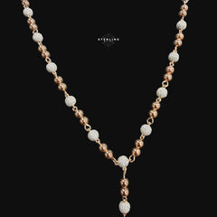 Rose Gold Two Tone Moissanite Rosary Necklace, Iced Out Snowball Bead Jesus Crucifix, 925 Sterling Silver, 22 Inch