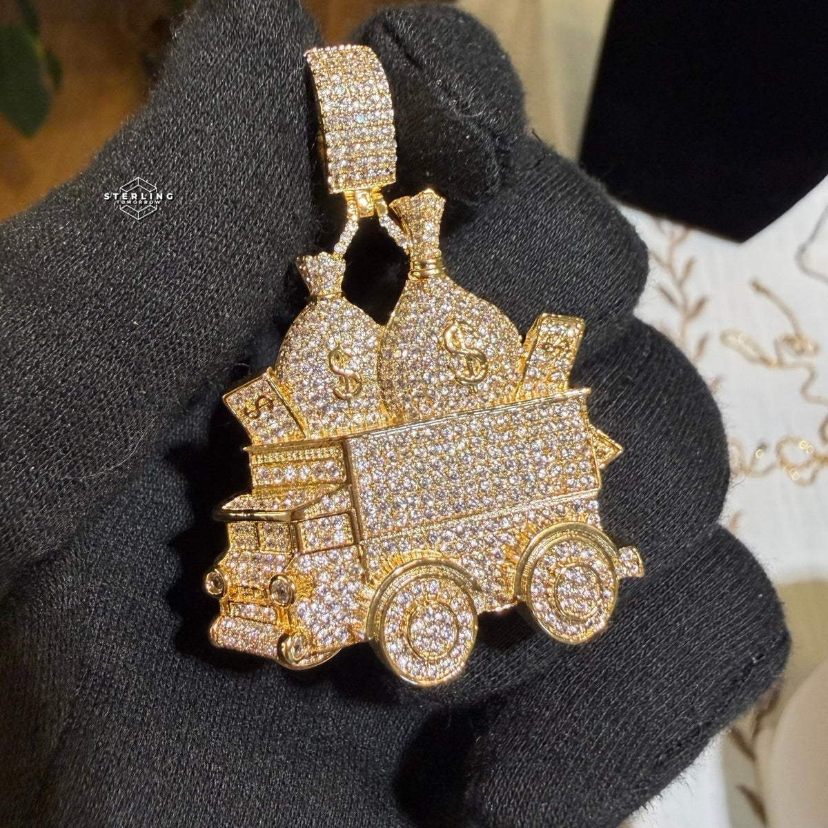 Money Truck Pendant Iced Out CZ Diamond Hip Hop Chain Gold Plated Cash Bags Bling Necklace Streetwear Jewelry Rope Chain