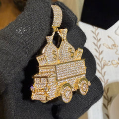 Money Truck Pendant Iced Out CZ Diamond Hip Hop Chain Gold Plated Cash Bags Bling Necklace Streetwear Jewelry Rope Chain
