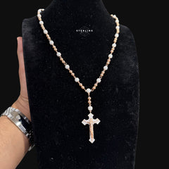 Rose Gold Two Tone Moissanite Rosary Necklace, Iced Out Snowball Bead Jesus Crucifix, 925 Sterling Silver, 22 Inch