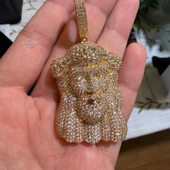Gold Iced Out Jesus Face Pendant 14k Gold Plated + AntiTarnish Rope Chain