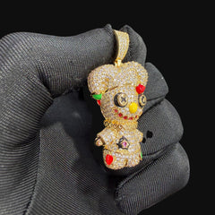 14K Gold Iced Out Voodoo Bear Pendant | CZ Diamond Hip Hop Necklace | Stitched Doll Bling Charm with Free 22–24" Chain