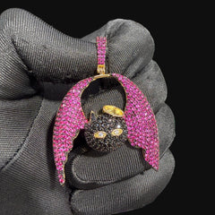 Pink Angel Devil Bat Pendant Iced Out CZ Necklace Gold Hip Hop Statement Charm with Free Rope Chain