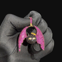 Pink Angel Devil Bat Pendant Iced Out CZ Necklace Gold Hip Hop Statement Charm with Free Rope Chain