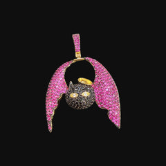 Pink Angel Devil Bat Pendant Iced Out CZ Necklace Gold Hip Hop Statement Charm with Free Rope Chain