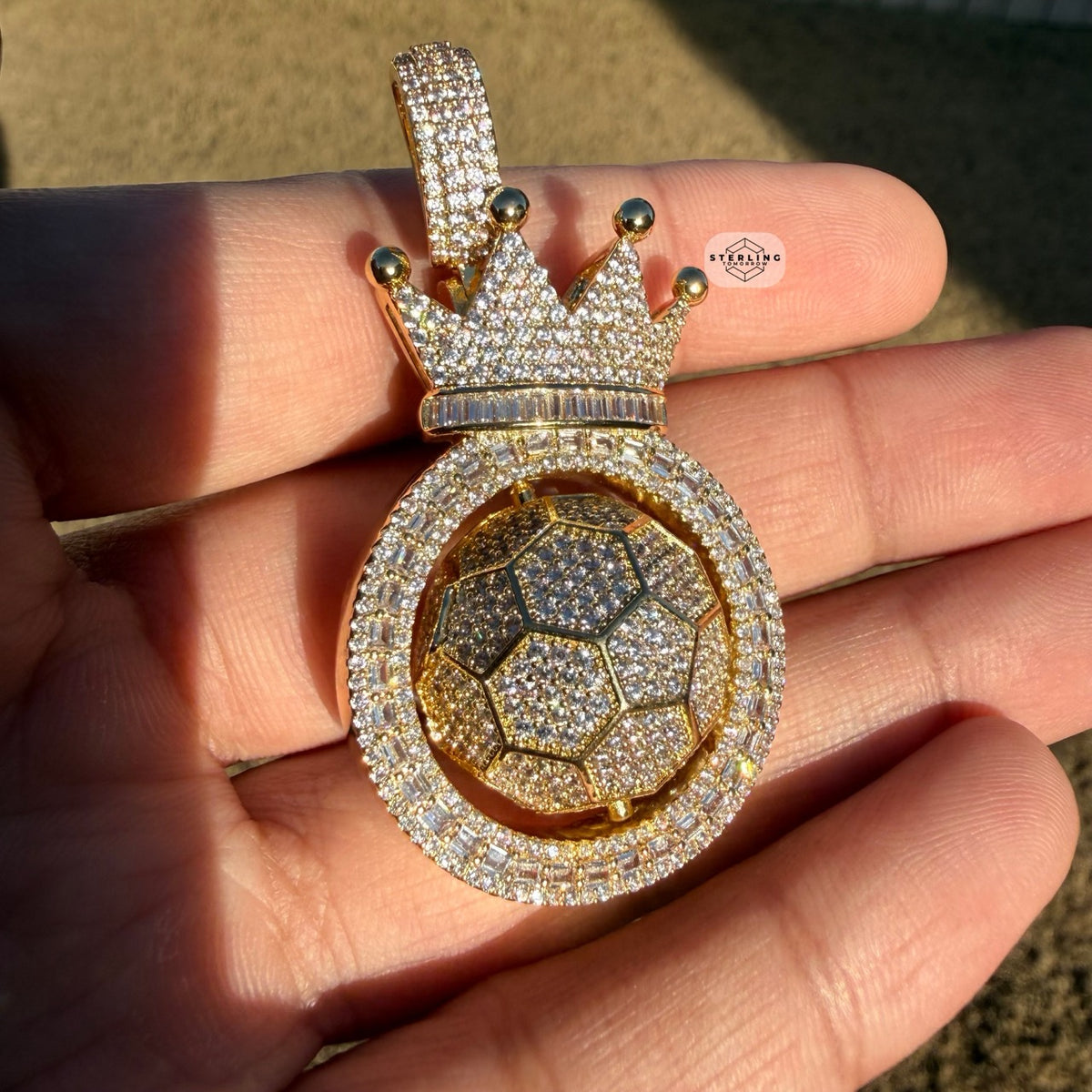 Spinning Soccer King Pendant Iced 14k Gold Plated