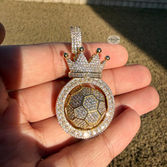 Spinning Soccer King Pendant Iced 14k Gold Plated