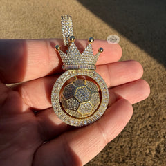 Spinning Soccer King Pendant Iced 14k Gold Plated