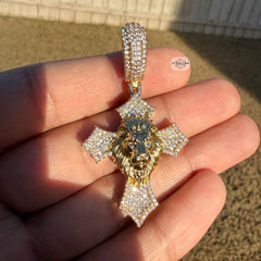 Lion Cross Iced Out Pendant 14k Gold Plated